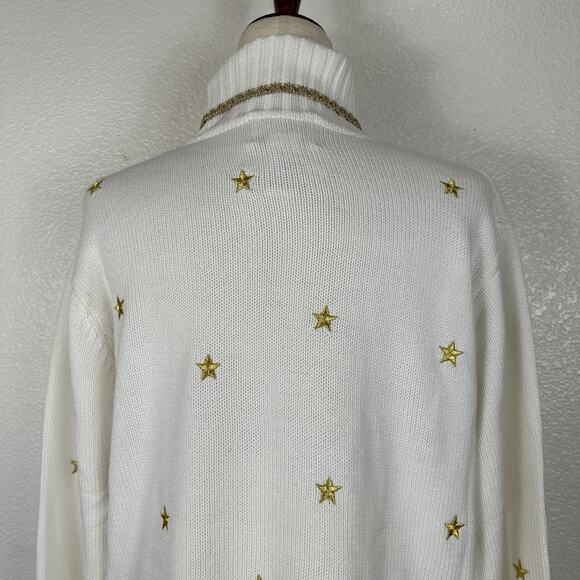 VTG Quacker Factory Sweater Medium Oversized Cream Turtleneck Gold Stars Holiday - Picture 8 of 12